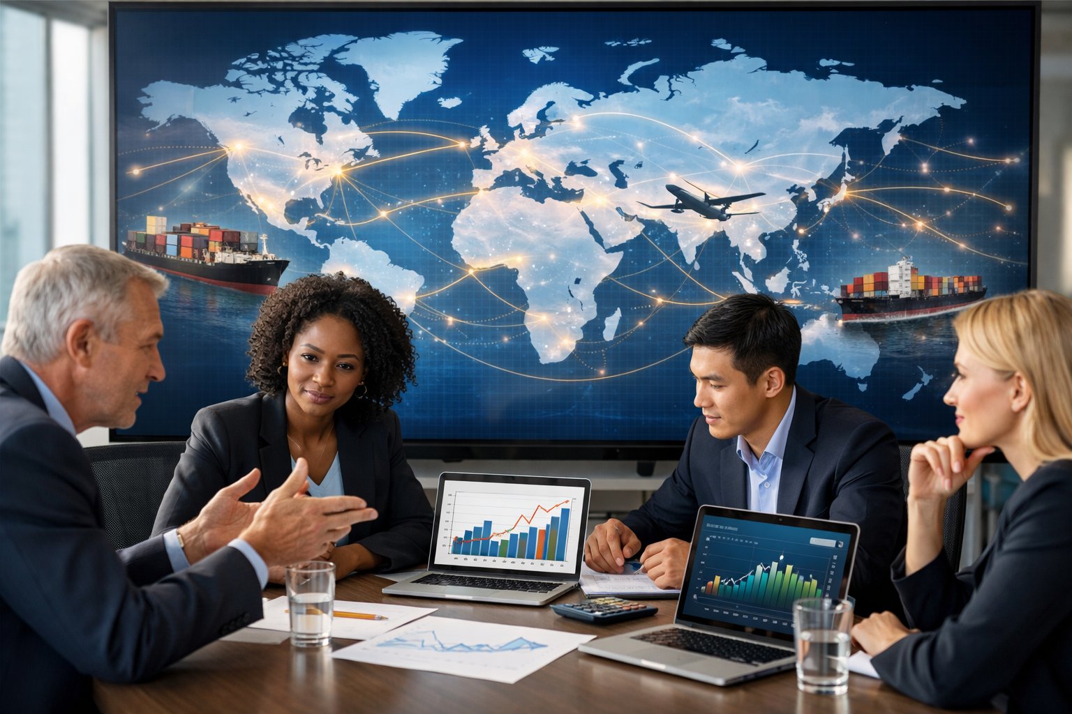 Business professionals discussing global trade data around a conference table with a world map showing shipping routes in the background.