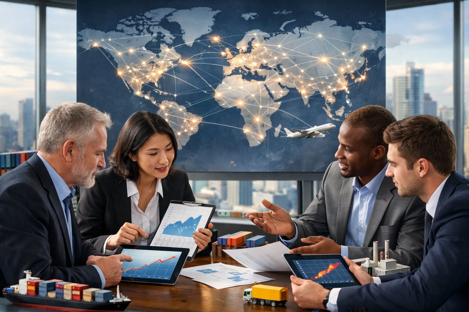 Business professionals discussing global supply chains with a world map and trade route graphics in a modern office.
