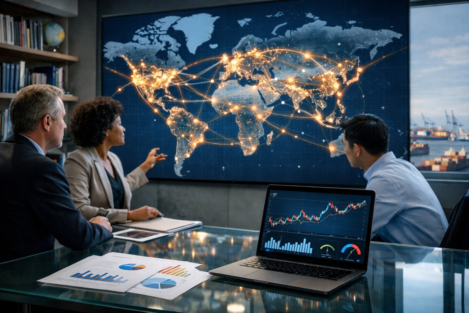 Business professionals analyzing global supply chain routes and price data in an office with a world map and charts.