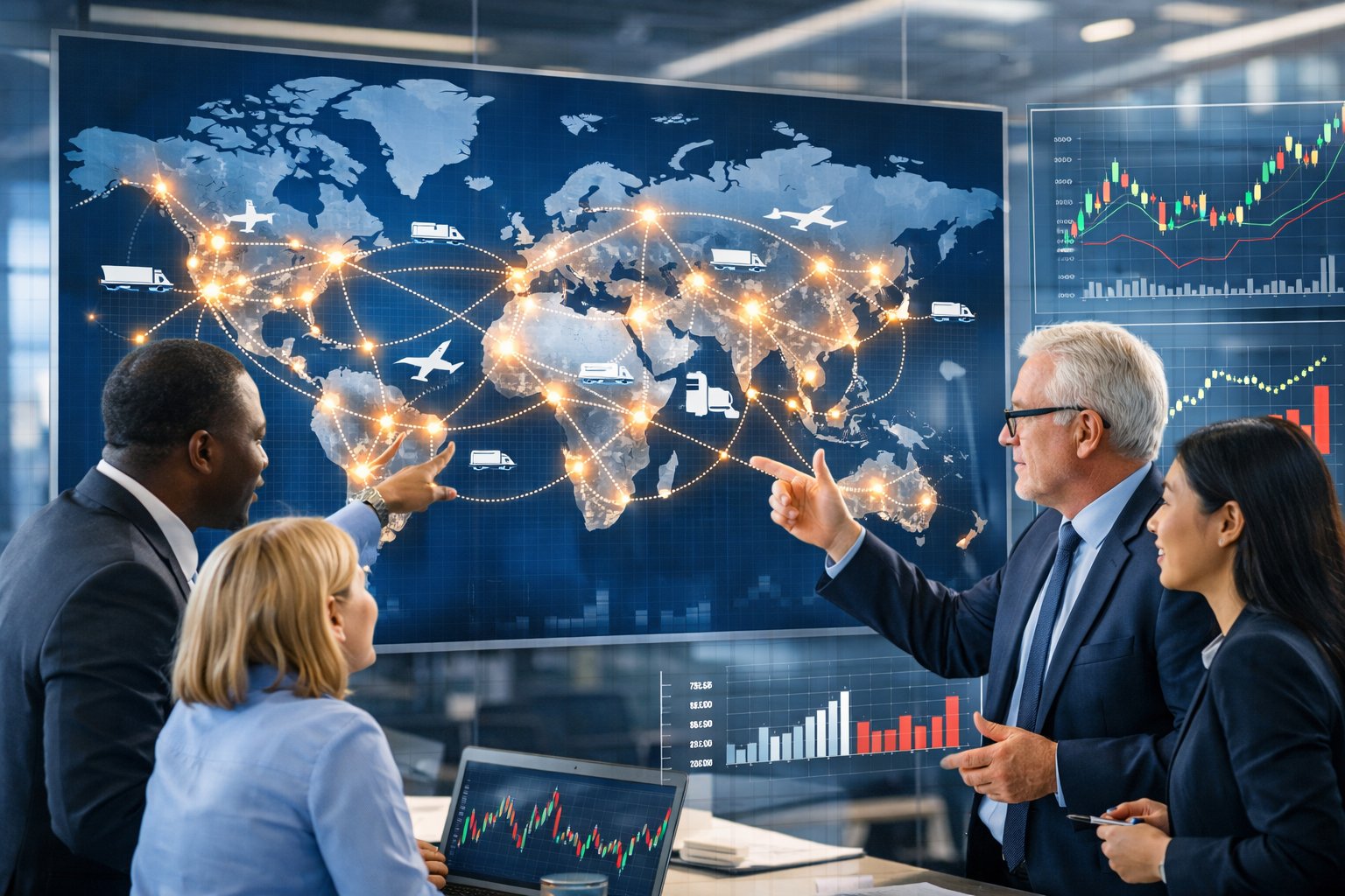 Business professionals in an office discussing a digital world map showing global supply chain routes and economic charts.