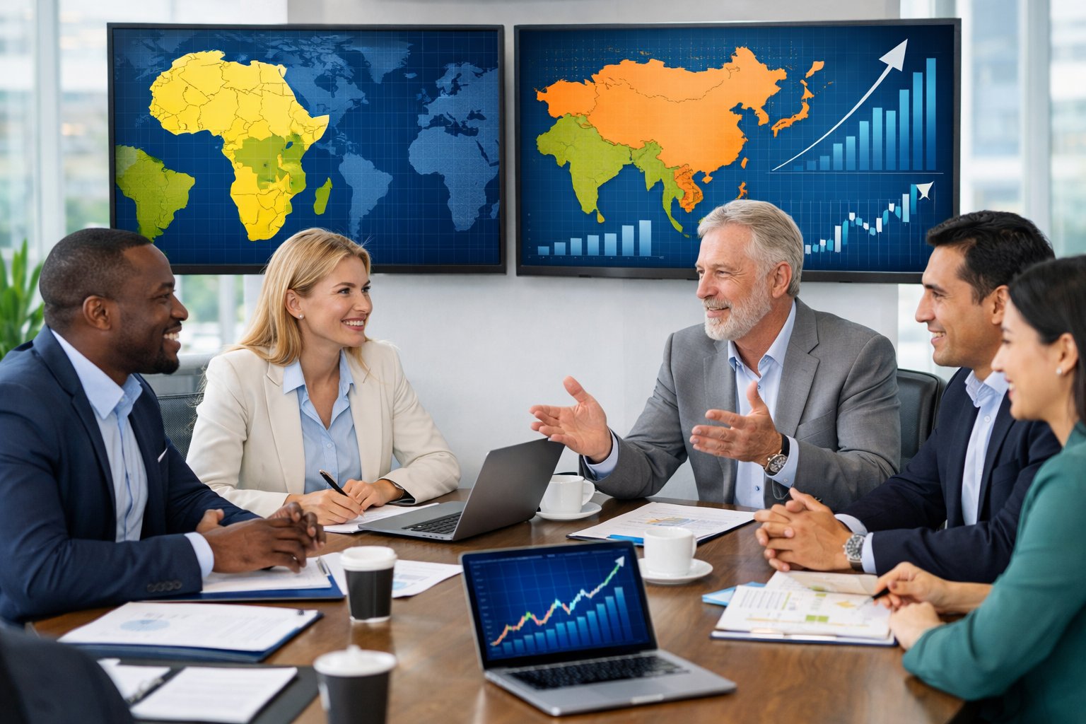 A group of business professionals discussing investment strategies around a conference table with digital maps and charts showing emerging market regions.