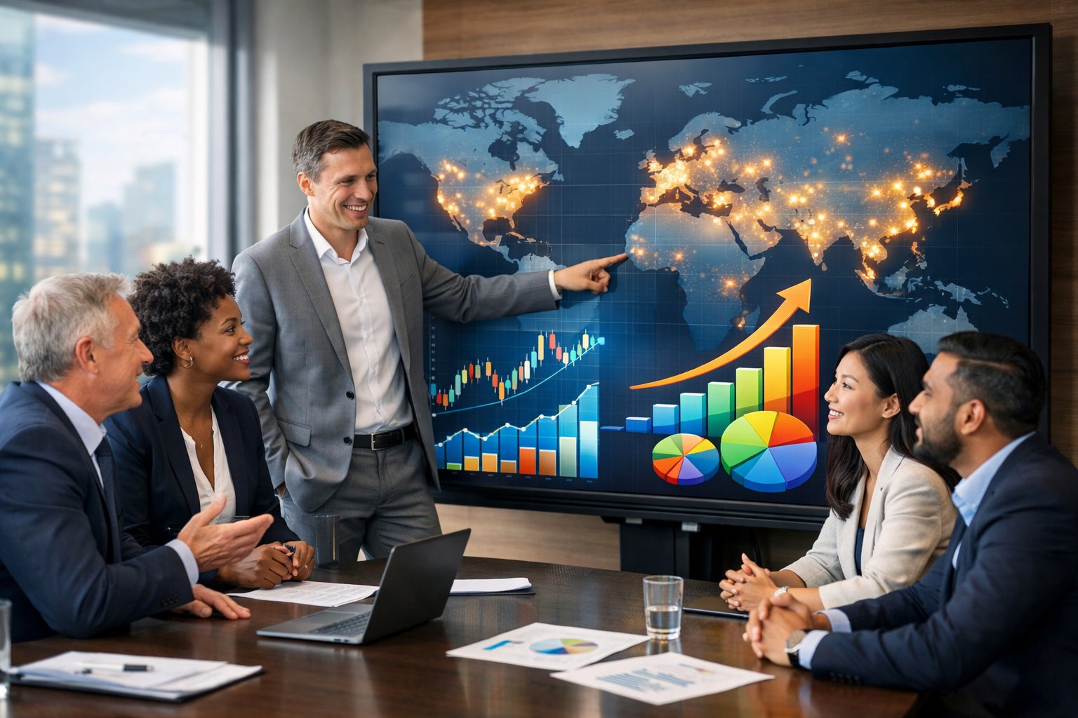 A group of business professionals discussing financial charts and a world map highlighting emerging markets in a modern office.