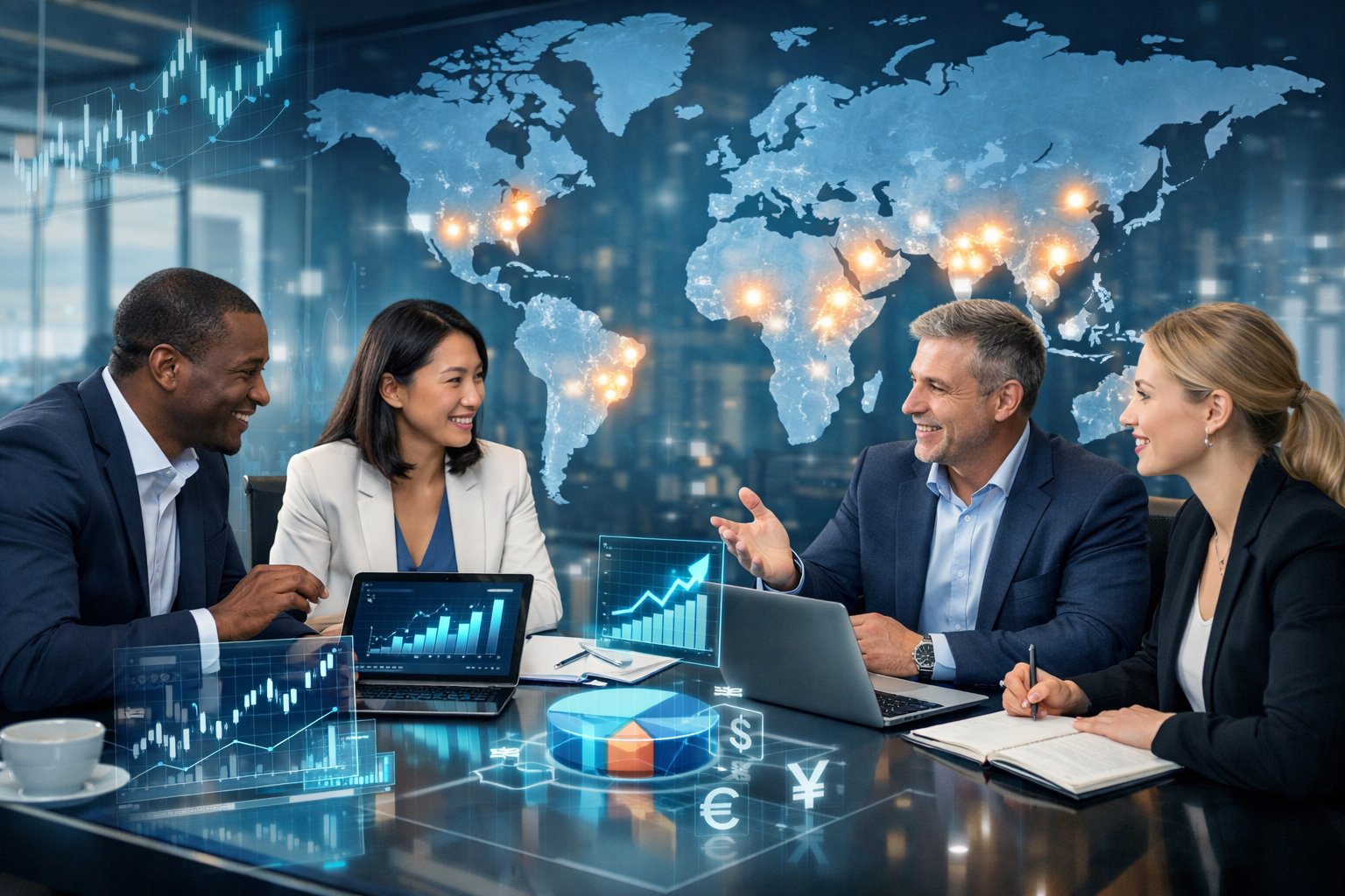 A group of business professionals discussing investment opportunities around a table with digital devices and a world map highlighting emerging markets in the background.