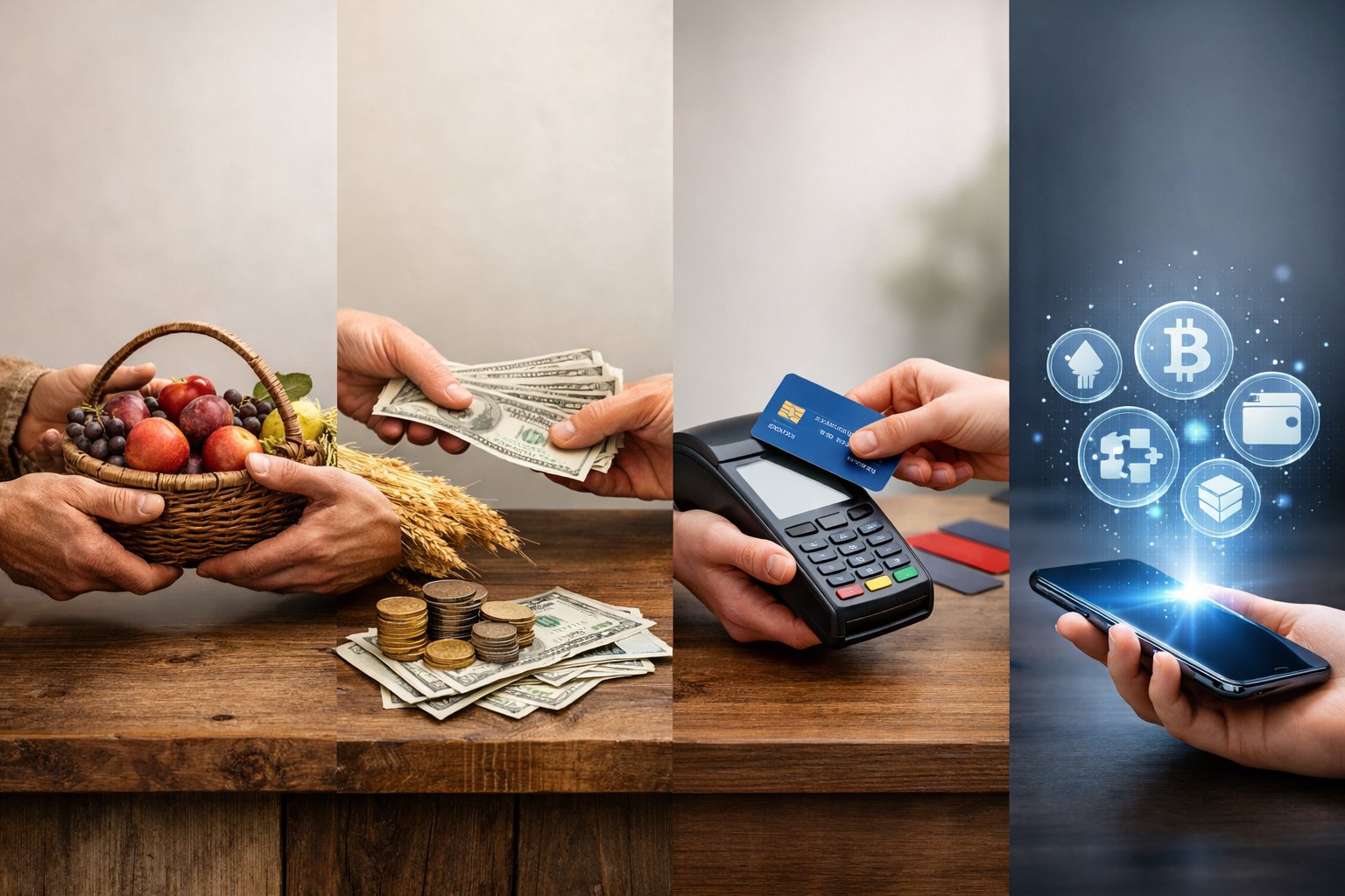 A sequence showing the evolution of money from people bartering goods, to exchanging coins and paper money, to using credit cards, and finally to digital cryptocurrency icons above a smartphone.