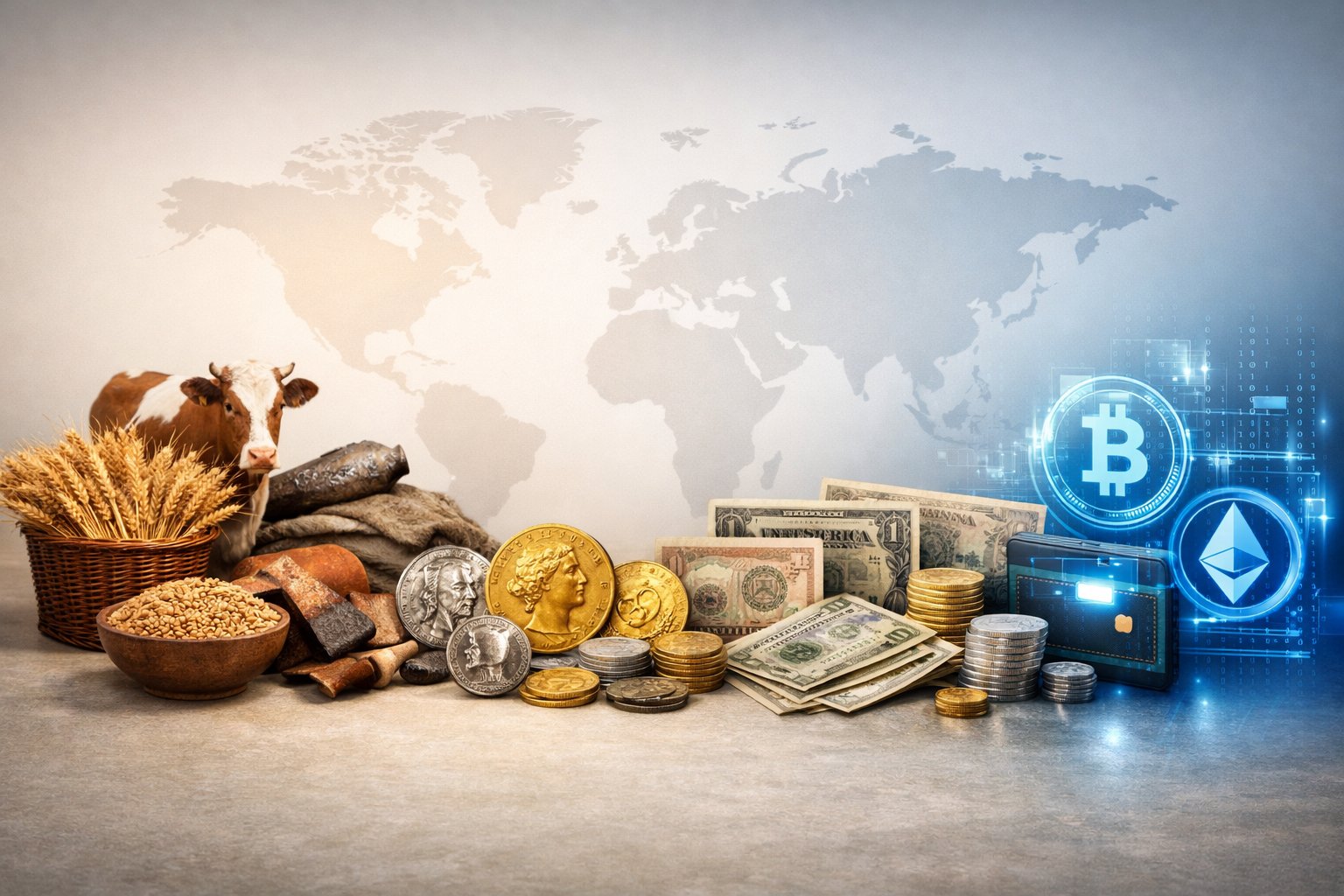 A progression of money types from barter goods, to ancient coins, to paper banknotes, and finally to digital cryptocurrency symbols arranged in a timeline.