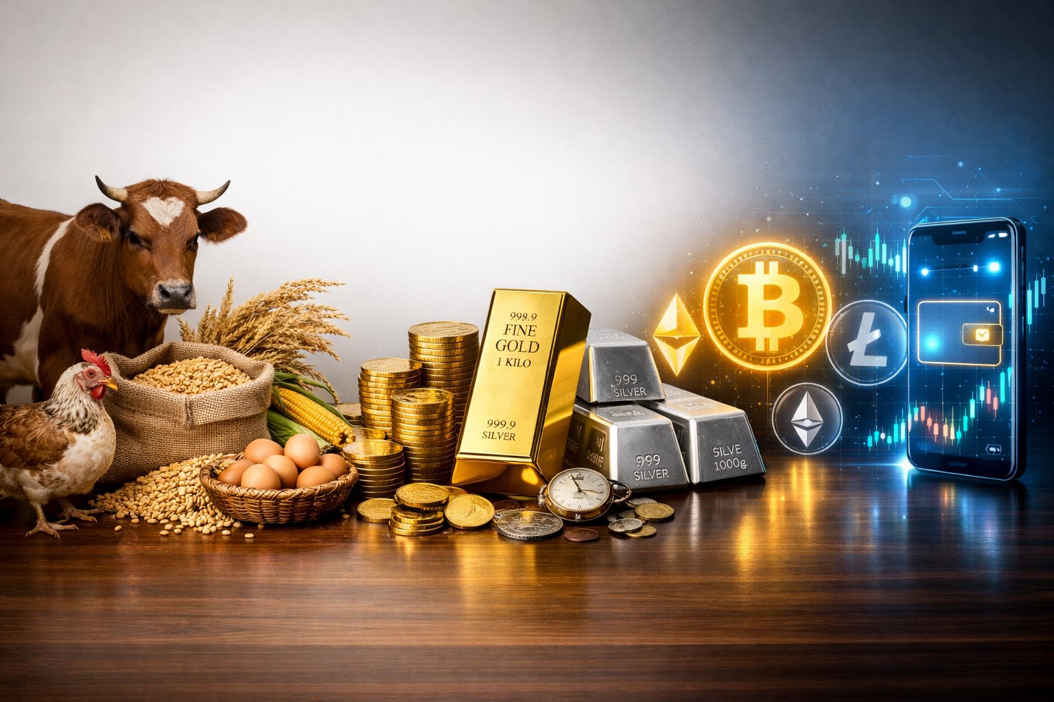 A scene showing the progression of money from livestock and grains to gold coins and silver bars, ending with digital cryptocurrency symbols and a digital wallet.