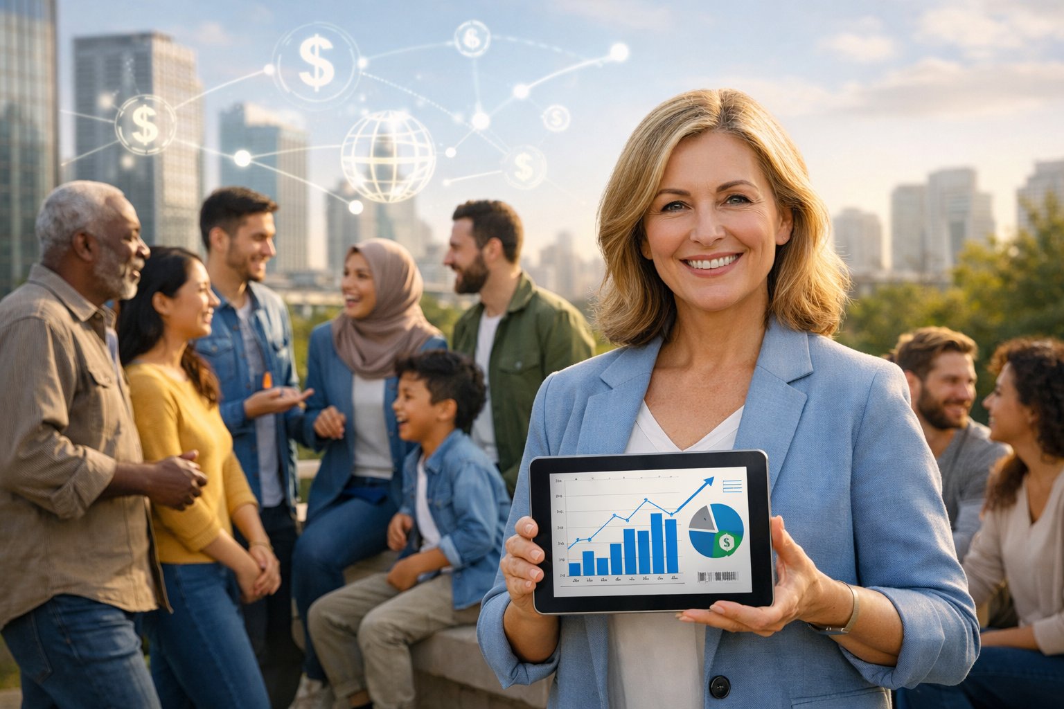 A diverse group of people in an urban setting discussing financial concepts with a woman holding a tablet showing charts, symbolizing economic support and community engagement.