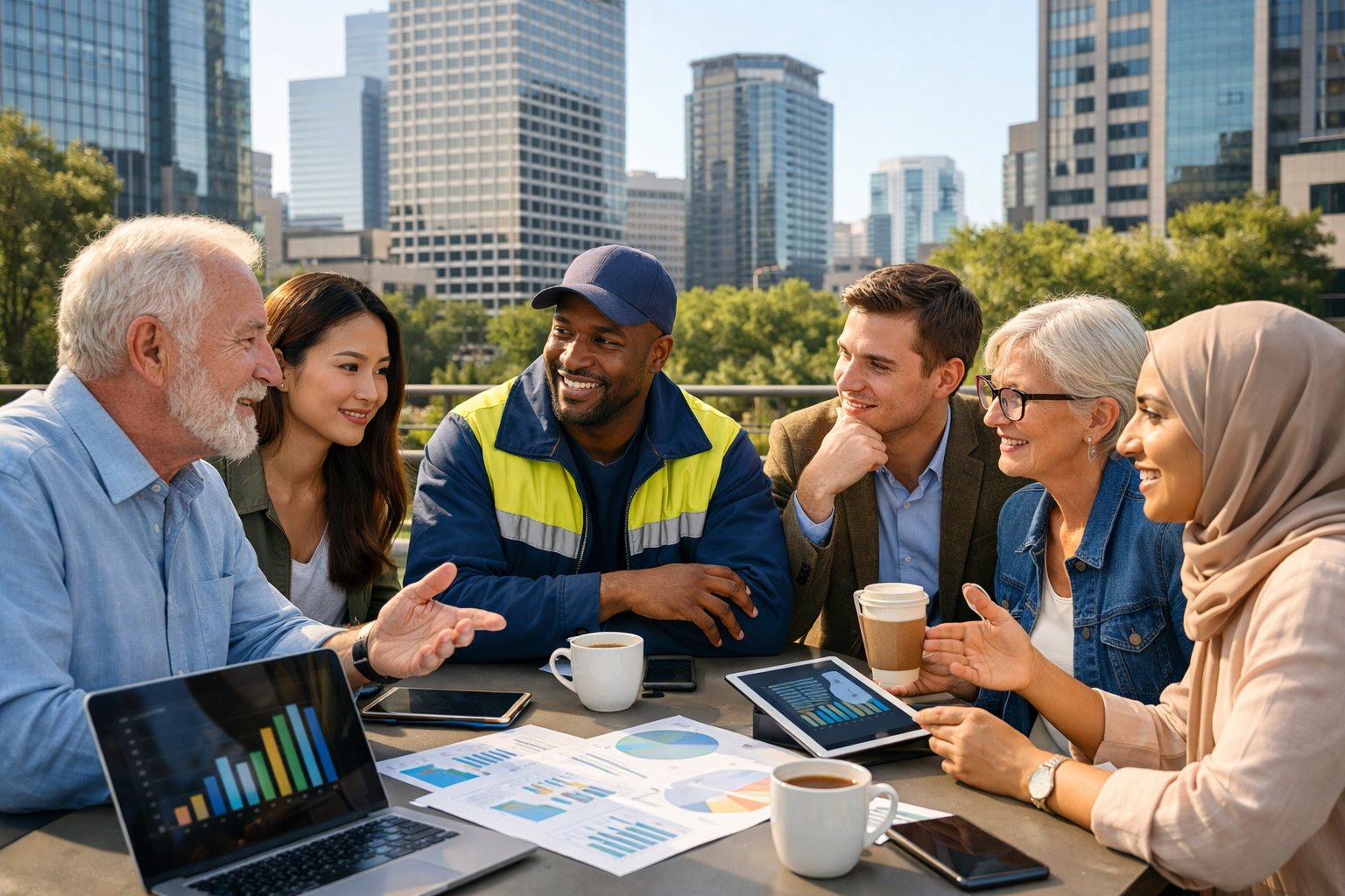A diverse group of people having a discussion around a table with digital devices in a city setting.