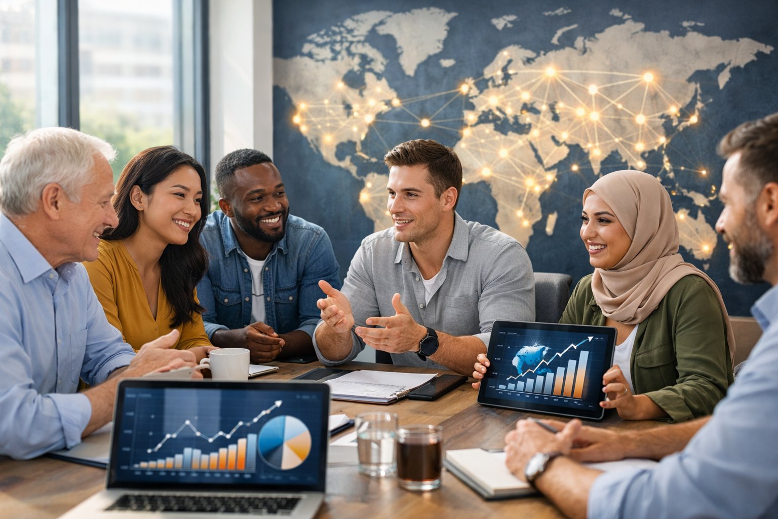 A diverse group of people discussing economic data around a table with digital devices and a world map in the background.